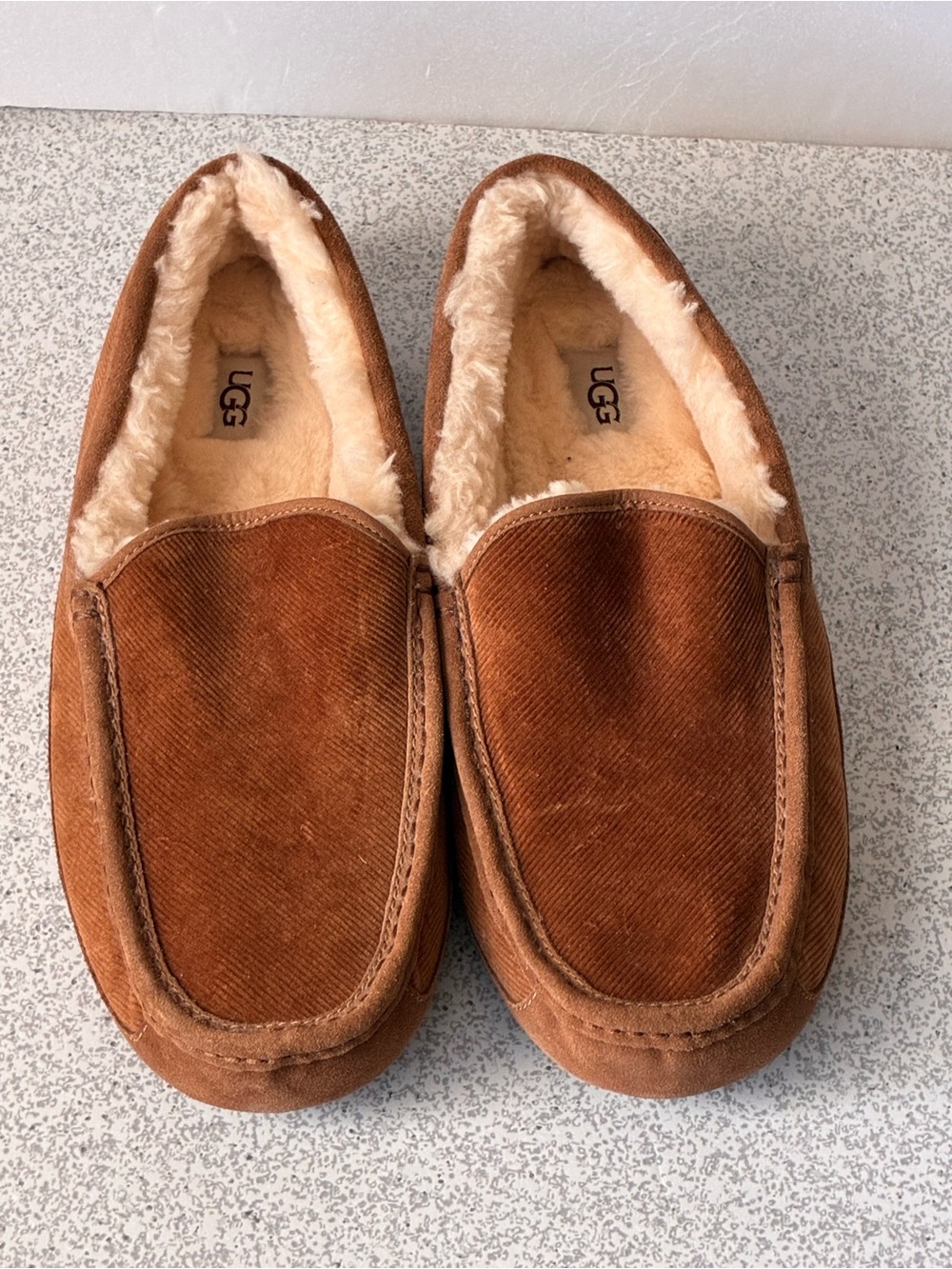 UGG Men's Chestnut Brown Suede Shearling Ascot Slippers Sz 13